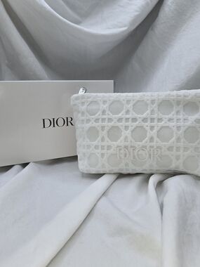 Dior White Embroidered Textured Cosmetic Pouch